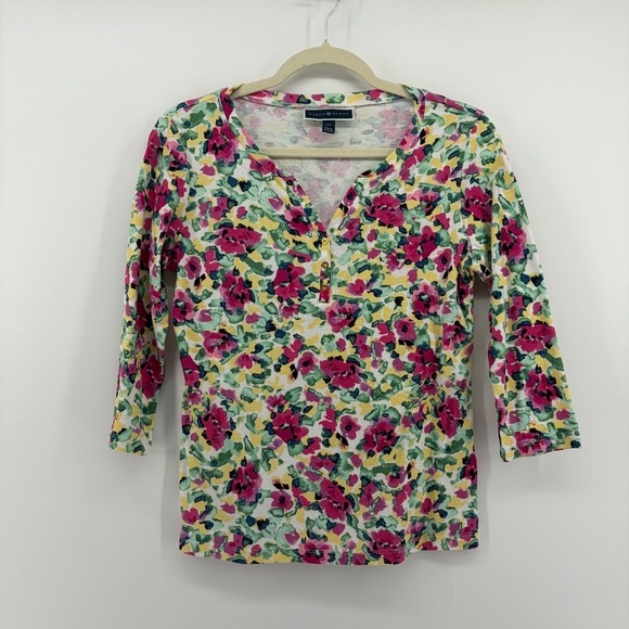 Karen Scott Tops - Karen Scott Womens Multicolor‎ Floral Print 3/4 Sleeve Henley Top Size Petite S